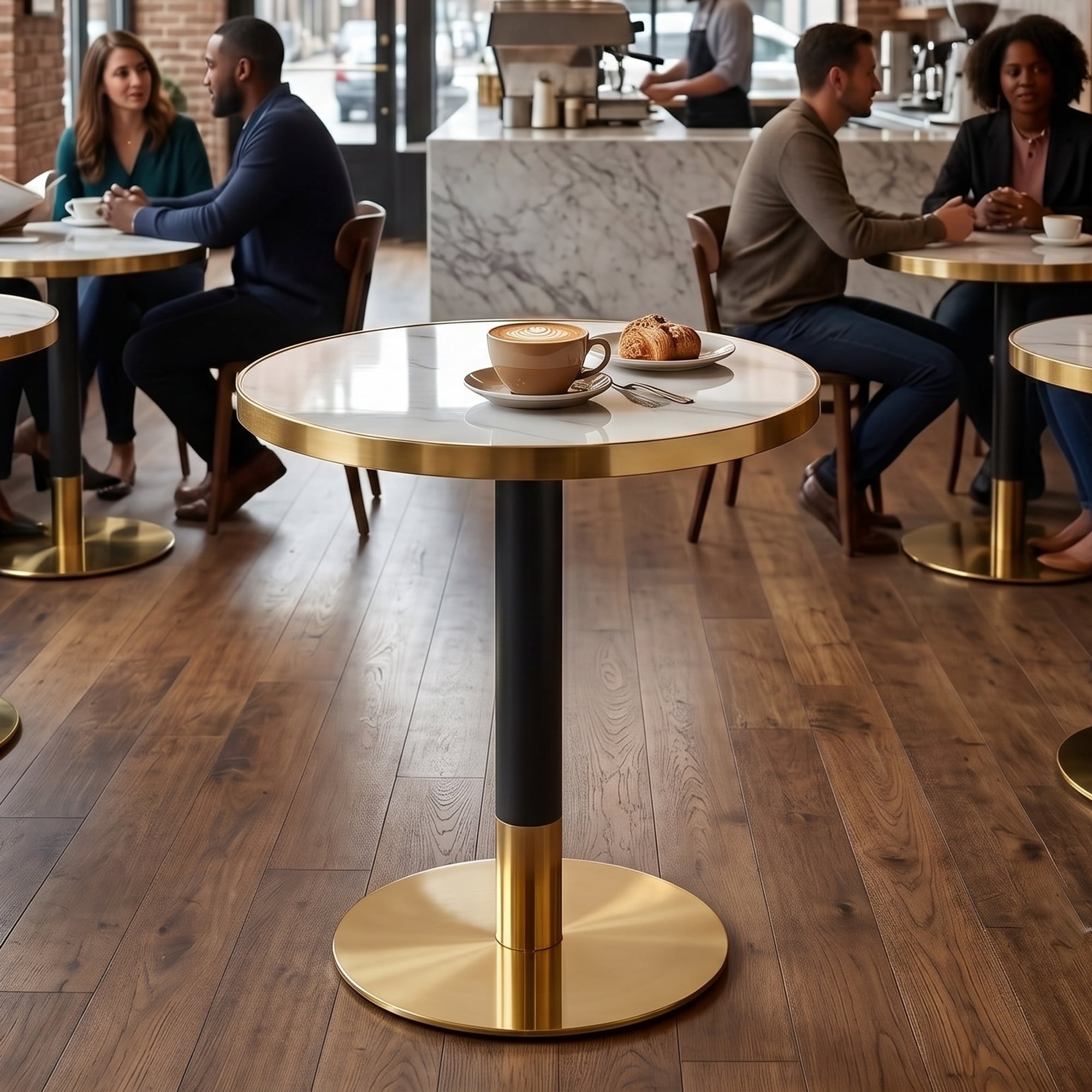 23.6" Round MDF sprayed with UV paint countertop, marble texture, stainless steel edging, metal table legs, modern light luxury edge/coffee table.