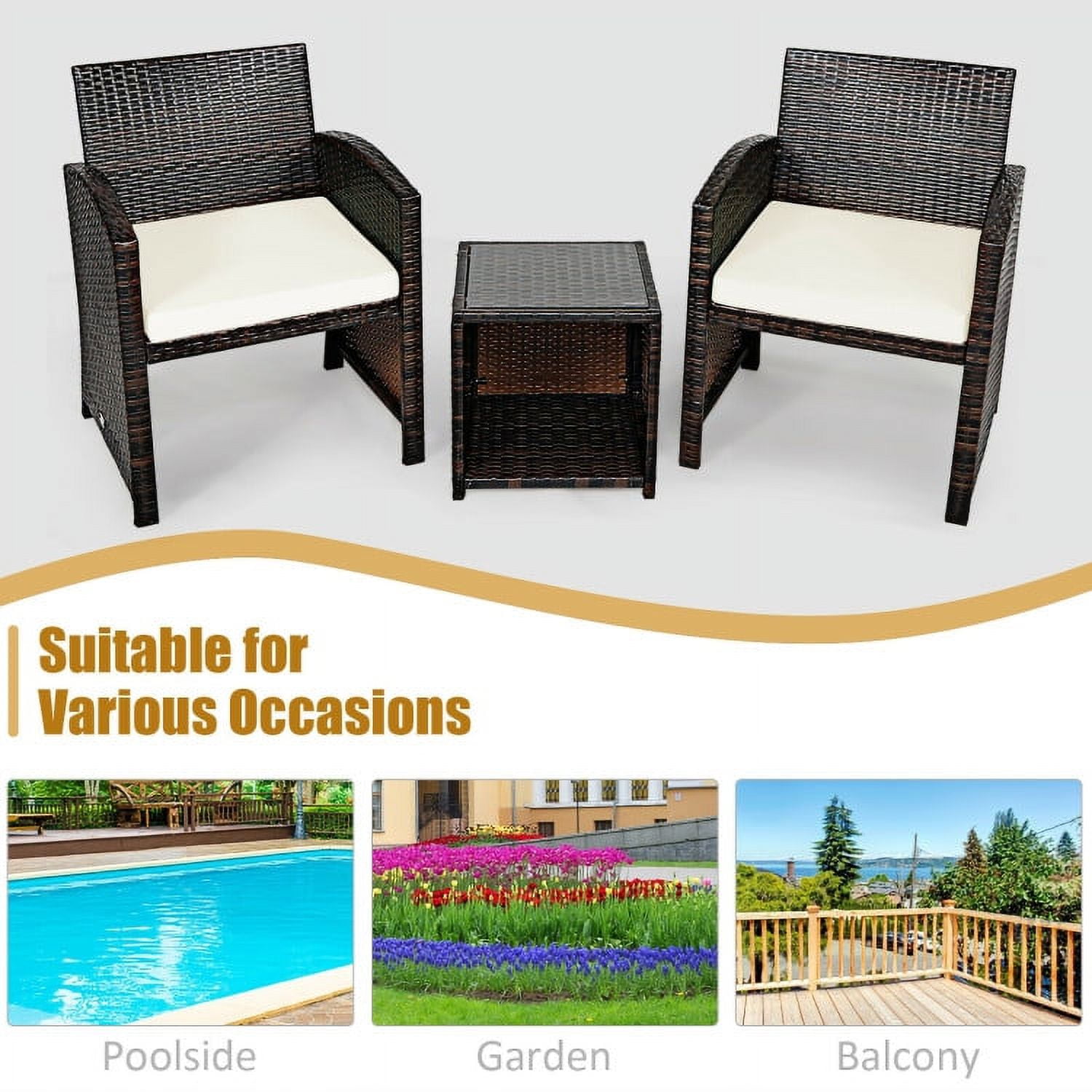 Aimee Lii 3 Pieces Patio Cushioned Wicker Conversation Set, Outdoor Sectional Set with with Glass Coffee Table, White Aimee Lii 3 Pieces Patio Cushioned Wicker Conversation Set, Outdoor Sectional Set with with Glass Coffee Table, White