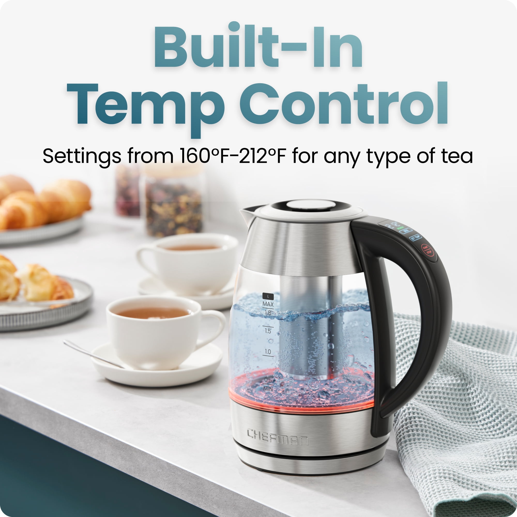 Chefman Lightning 1.8L Custom-Temp Electric Kettle, 1750W with Tea Infuser - Stainless Steel