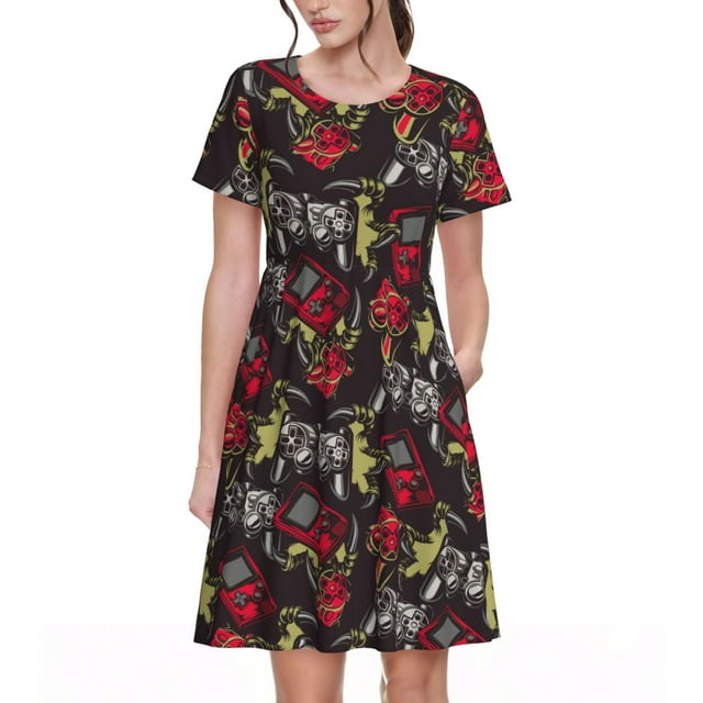 Vsdgher Robe Vintage de Jeu pour Femmes Été 2025 Décontractée Midi Maxi Légère à Manches Courtes Col Rond Robe de Plage