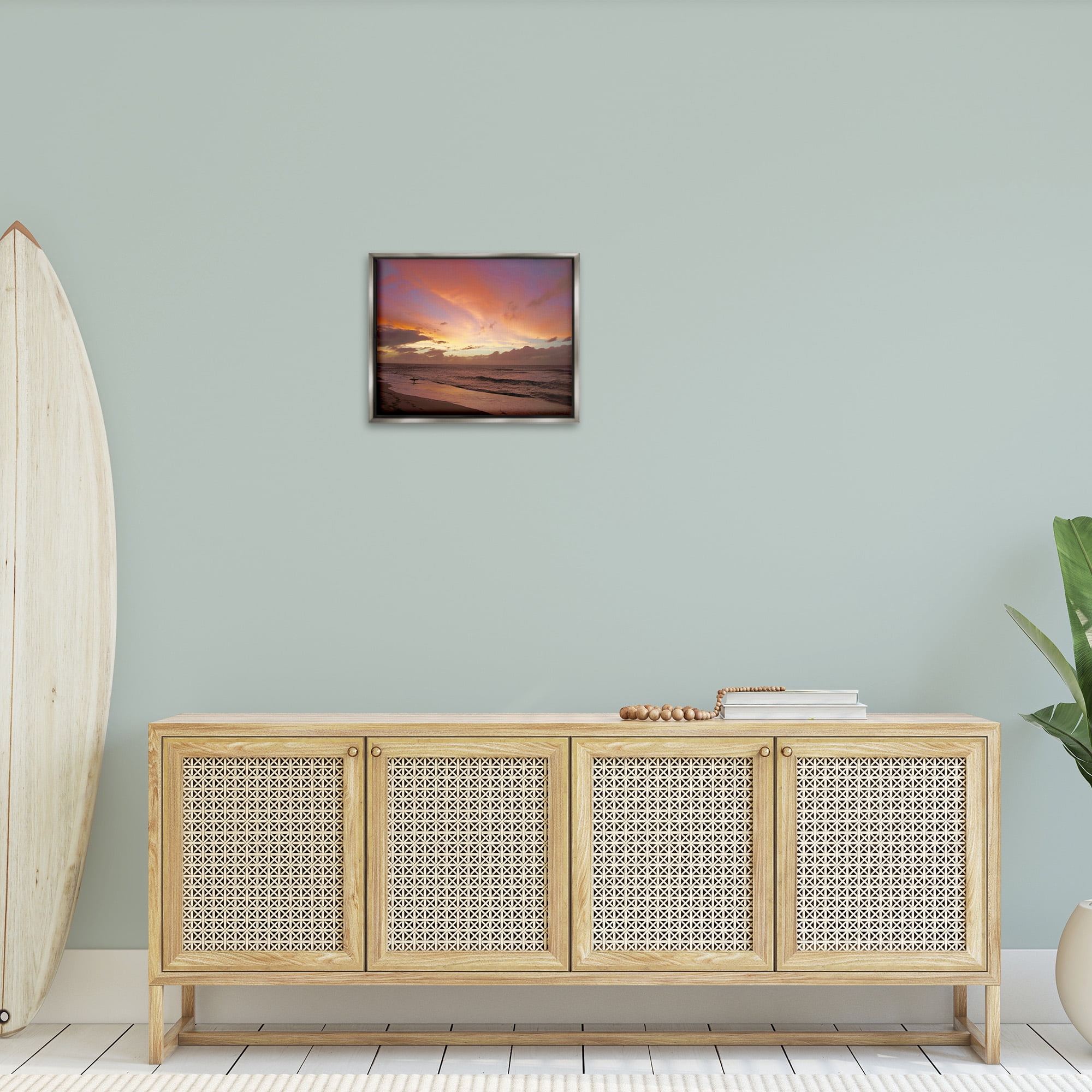 Stupell Industries Surfing Beach Waves at Sunset Nature Photography Gray Floater Framed Canvas Art Print Wall Art, 21 x 17