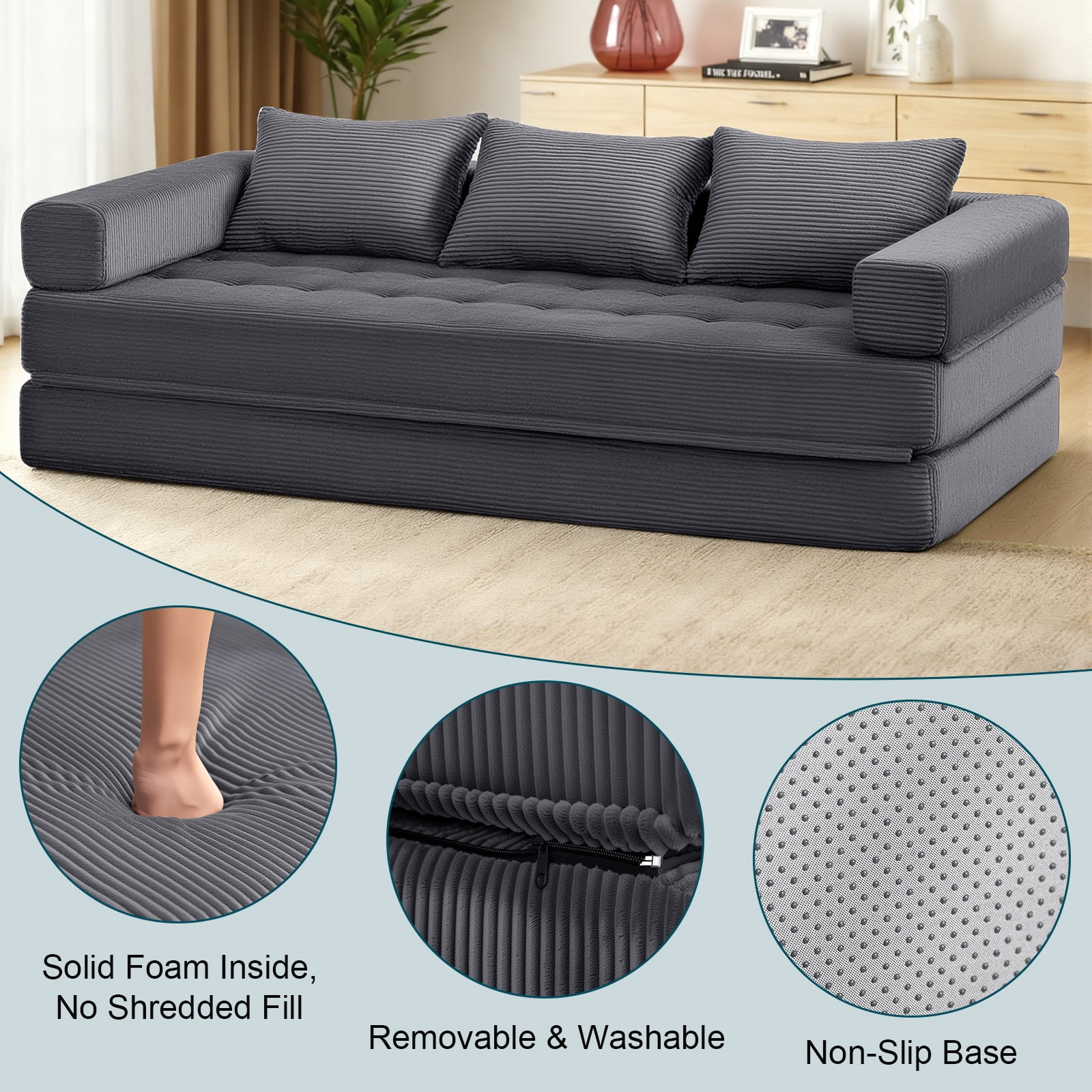 Hommpa 78" Convertible Sofa Bed Foldable Couch Bed Folding Mattress Couch, Sleeper Sofa with 3 Pillows with High Density Foam Filling, for Living Room for Holiday Festival Christmas Gift, Gray, King