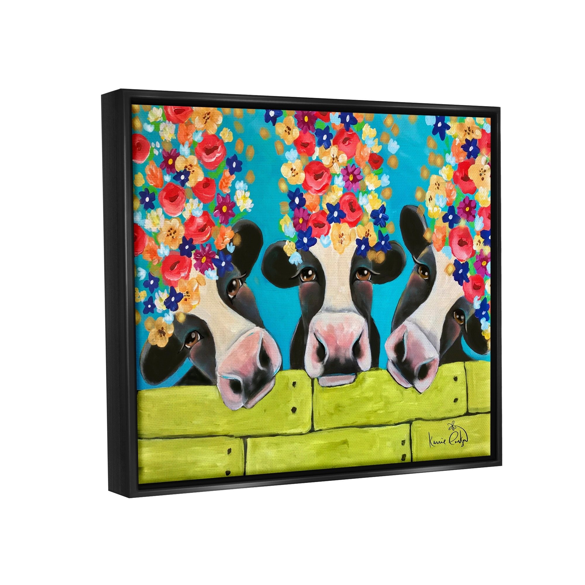 Stupell Industries Farm Cattle Cows Bright Flower Petals Green Planks Painting Jet Black Floating Framed Canvas Print Wall Art, Design by Karrie Evenson