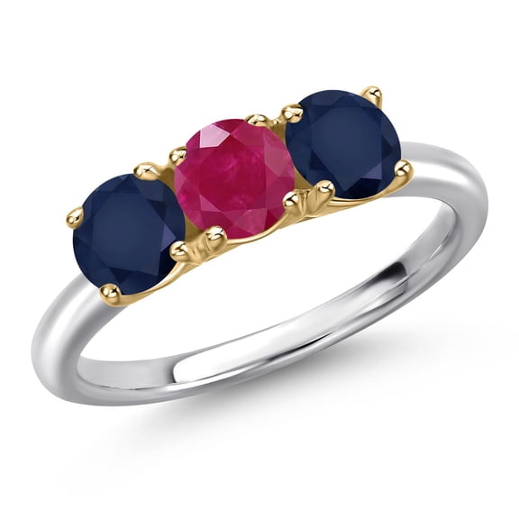 Gem Stone King 925 Silver and 10K Yellow Gold Red Ruby and Blue Sapphire Engagement Ring for Women | 1.75 Cttw | Round 5MM | Gemstone July Birthstone | Size 6