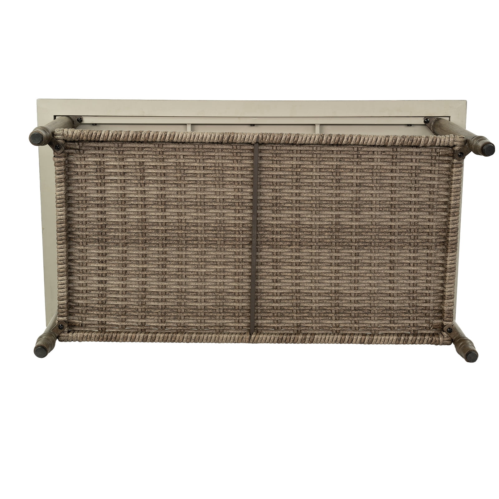 MOLIBYME Outdoor Wicker 2-Tier Coffee Table, Hand Woven Patio Wicker Storage Table for Balcony Porch Deck, Wood Grain Finish