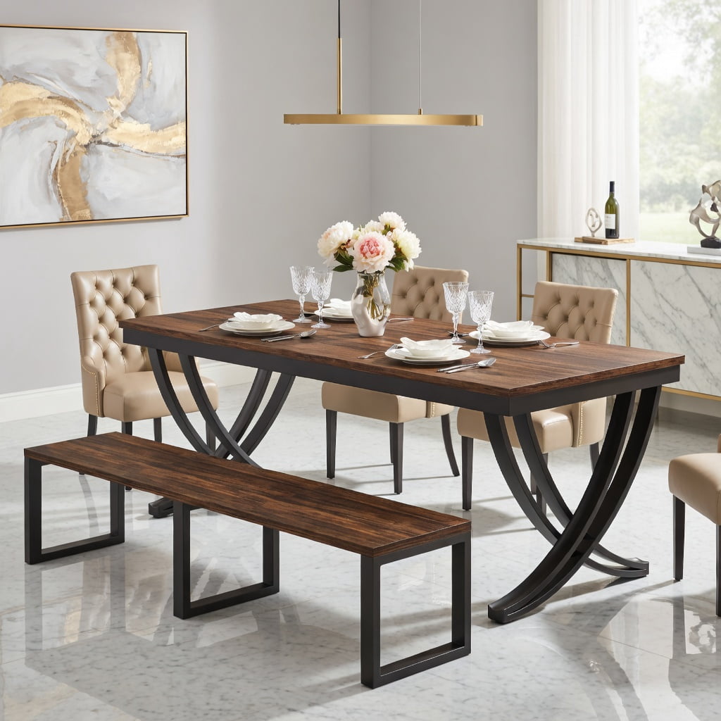 Hommoo 78 Inch Farmhouse Dining Table for 6-8 People, Rectangular Wood Top with Metal Legs, Rustic Modern Kitchen Table, Black
