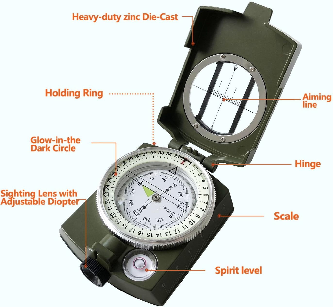 Military Compass, Lensatic Sighting, Waterproof and Shakeproof with Map Measurer Distance Calculator, Pouch