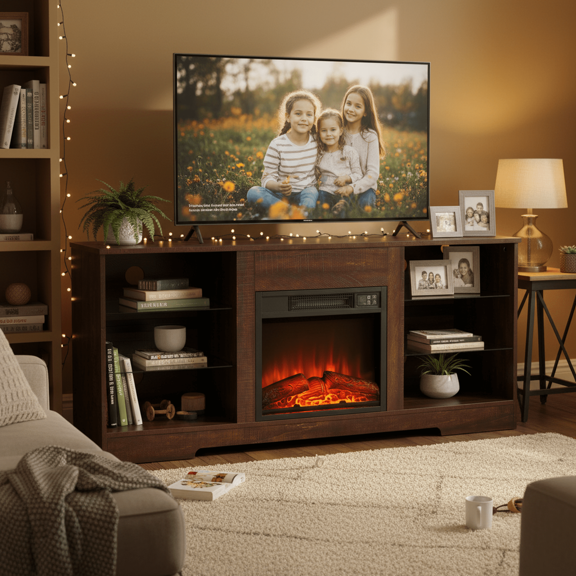 Homy Casa 58 Inch Electric Fireplace TV Stand for 65 Inch TV with Storage Cabinets, LED Flame and Power Outlets