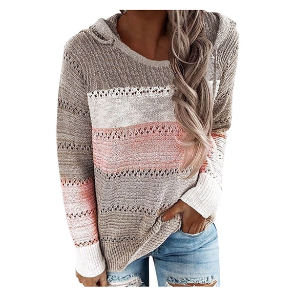Womens Casual Long Sleeve Crew Neck Pullover Striped Color Block Loose Knitted Patchwork Sweater Jumper Tops