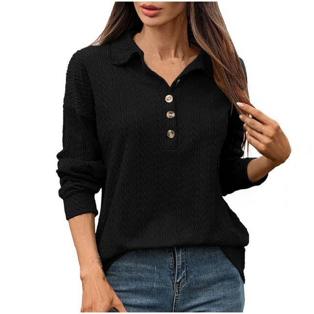 QTOCIO Hauts à Manches Longues pour Femmes, Chemises Tendance Automne, Mode Féminine Couleur Unie Blouses à Manches Longues Col Rond Bouton Loisirs
