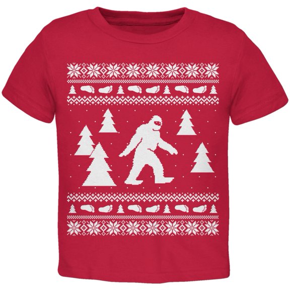 Sasquatch Ugly Christmas Sweater Red Toddler T-Shirt - 4T