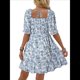 thumbnail image 2 of Vestido Informal de Verano para Mujer, Corta, Cuello Cuadrado, Fruncido, Estilo Bohemio, Floral, Minivestido Fluido de Corte A Azul M, 2 of 7