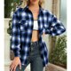 thumbnail image 4 of Blusa a cuadros para mujer, solapa, media larga, poliéster, informal, manga larga, camisa con botones para el trabajo diario, otoño, invierno, azul, M, 4 of 7