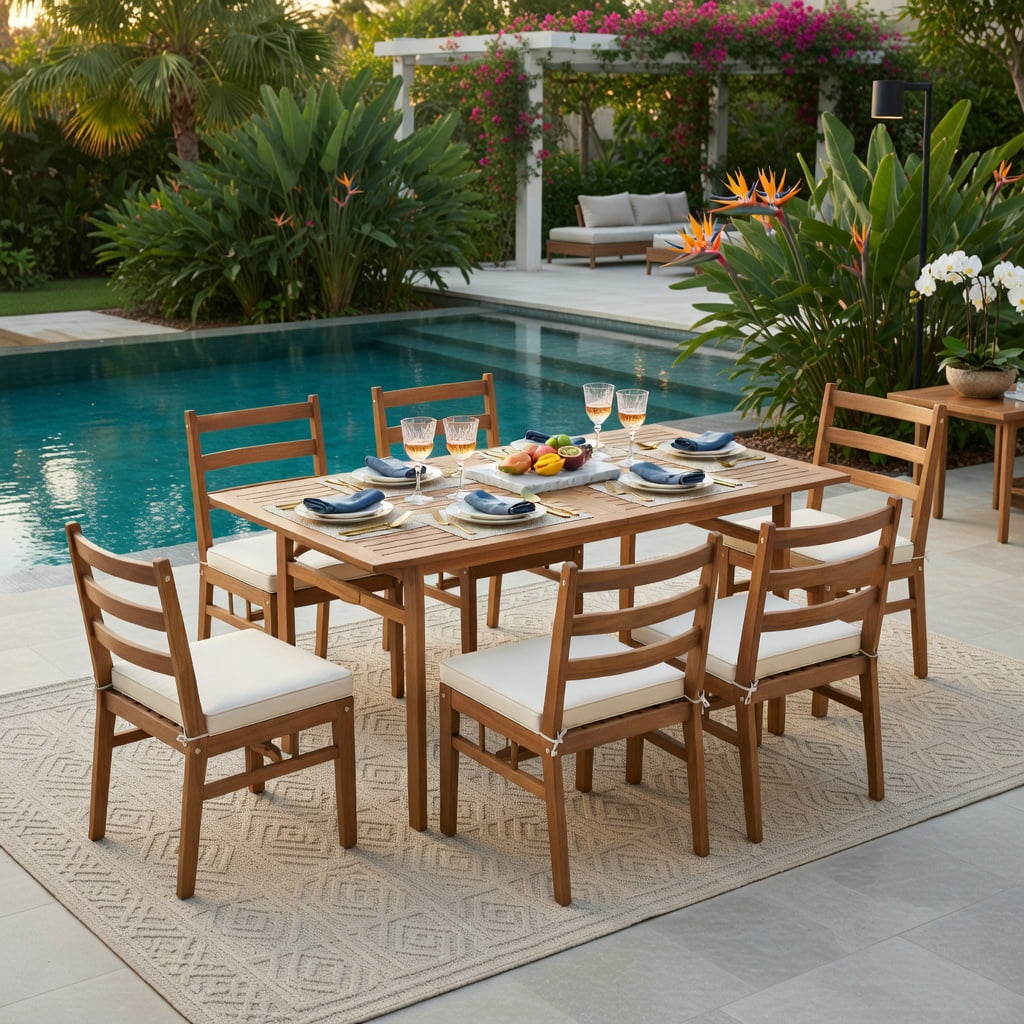 Hommoo Set of 4 Outdoor Acacia Wood Dining Chairs with Removable Polyester Cushions, Heavy-Duty H-Frame, White