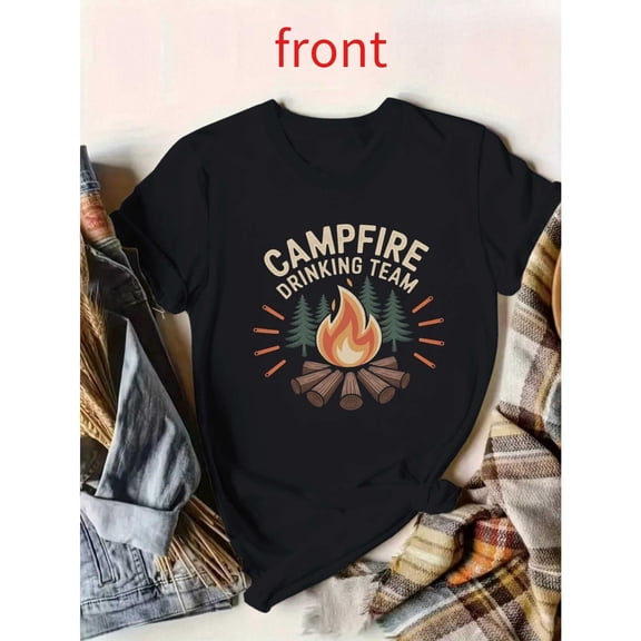 Unisex Black Print Tshirt Graphic Tees Shirts Campfire Drinking Team Camping Design Casual Tops S-5XL