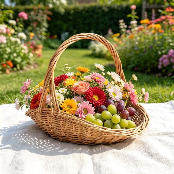 Handwoven Wicker Harvest Basket With Handle, Garden Baskets for Gathering Vegetables, Portable Flower Gathering and Storage Basket for Flowers & Vegetables