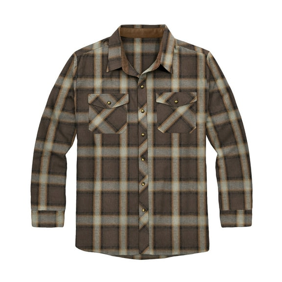 Victory Men's 100% Cotton Brushed Flannel Plaid Shirt with Corduroy Contrast - Brown -M