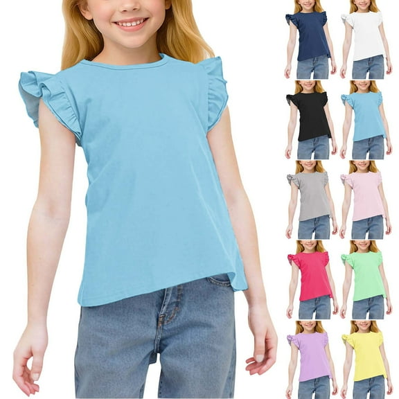 Ashirexll Summer Shirts, Shirts for Girls, 3-15 Years Girls Solid Color Summer Shirts Cute Ruffle Sleeve Round Neck Casual T-shirts Tops