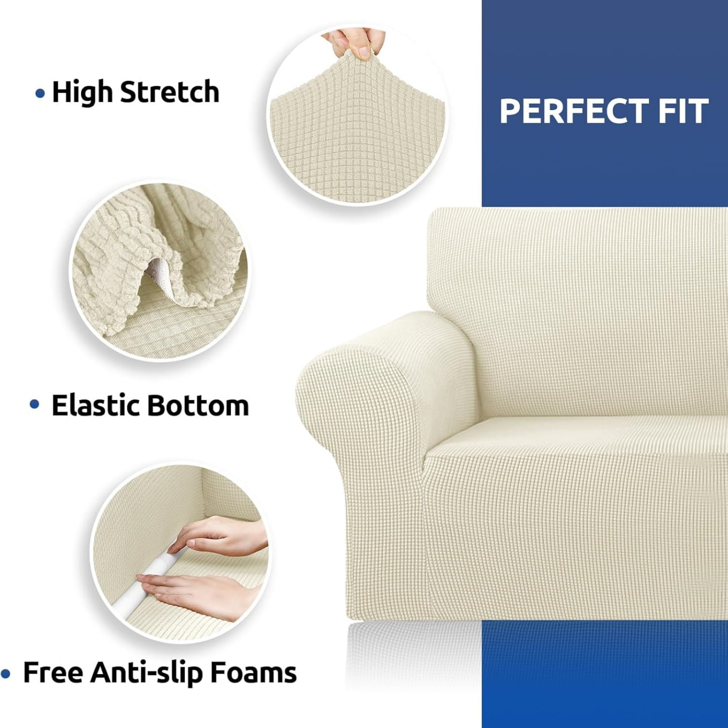 Stretch Sofa Cover Slipcover ，Couch Covers for 3 Cushion Couch Sofa pet Friendly (78"-94") Furniture Protector Sofa with Elastic Bottom, Jacquard Small Checked(Large,Beige)