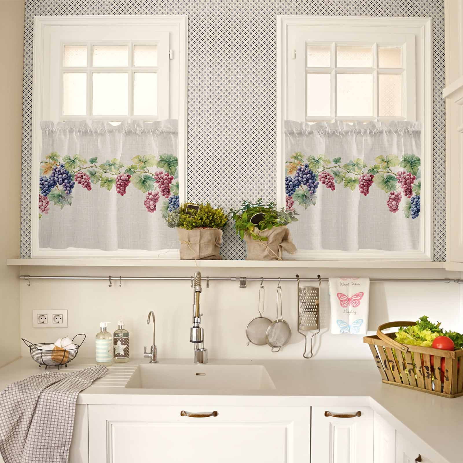 Purple Grape Kitchen Curtains Valances and Tiers Set of 3 Spring Grape Vine Leaf Watercolor Linen Texture Tier Curtains and Valance for Kitchen Bathroom Small Windows 27.5"W x 36"L (Pack of 3)