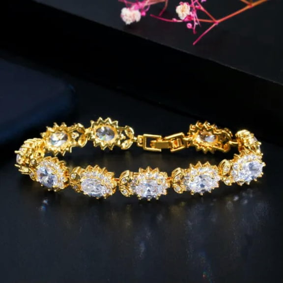 Yellow Gold Plated Blue Oval CZ Flower Leaf Bracelet Bangle for Women Engagement