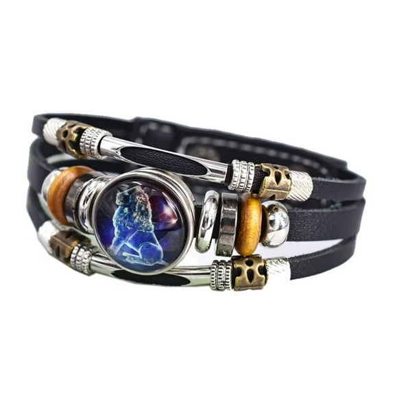PAMTIER Men's Women's PU Leather Vintage Punk 12 Constellation Braided Adjustable Bracelet Leo