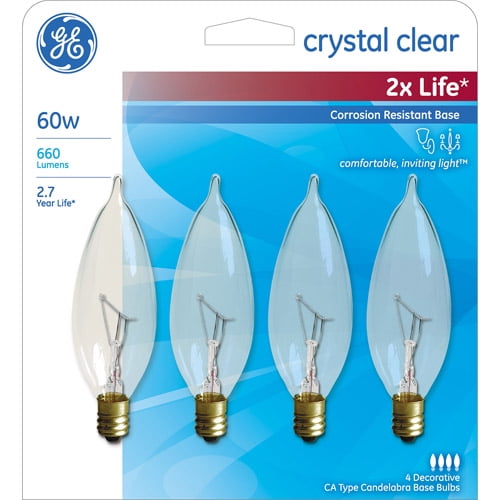 GE 60W Incandescent Clear Small Base Bent Tip Decorative Bulb, 4pack