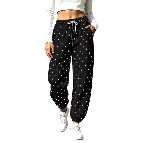 ClodeEU Women's Polka Dot Print Drawstring High Waist Jogger Pants,Casual Tapered Ankle Sweatpants with Pockets ,Women's Plus L