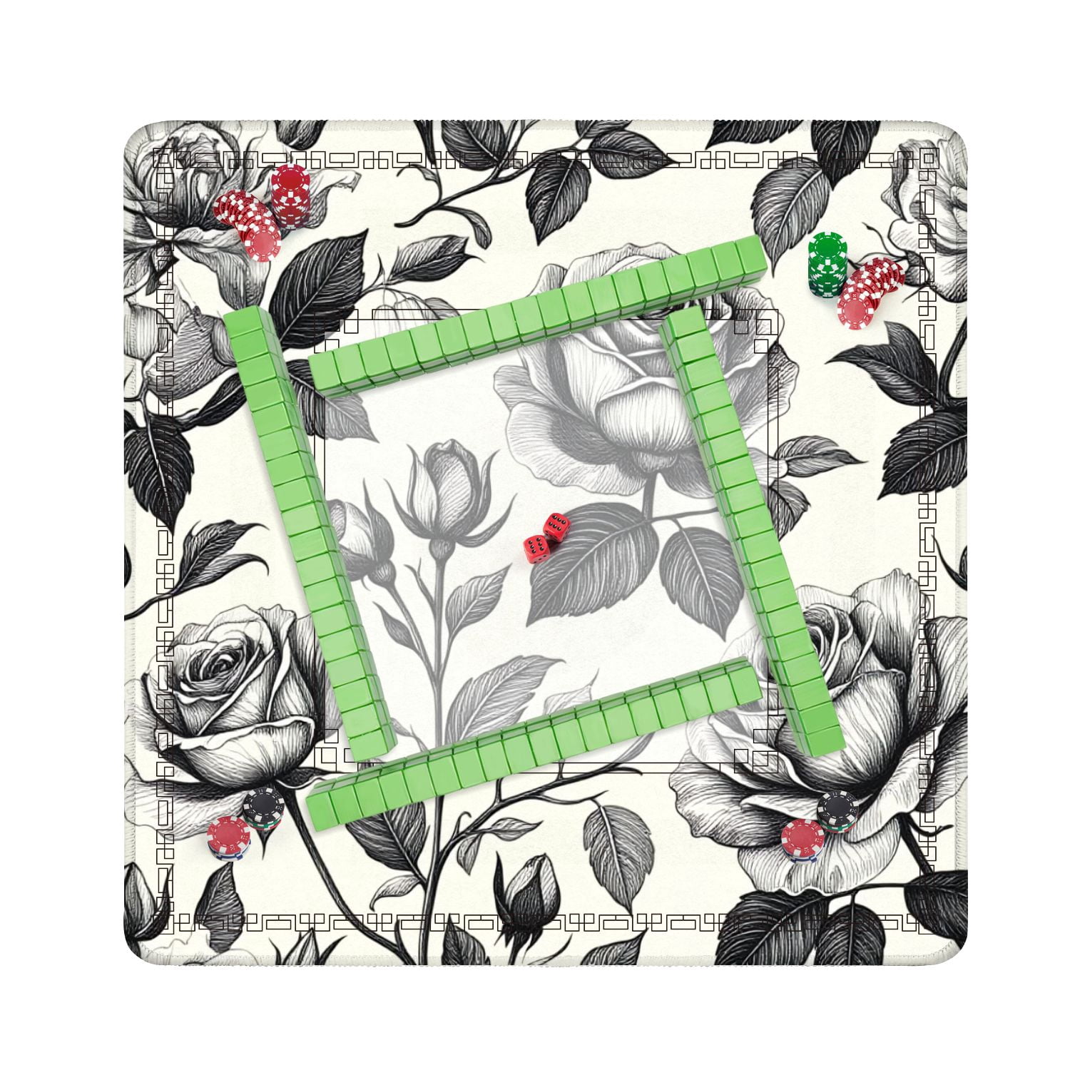 Mahjong Mat 31.5" x 31.5" Vintage seamless Floral black white Garden Non-Slip Noise Reduction American Mahjong Tiles Table Cover for Dominoes Poker Card Board Games Gift