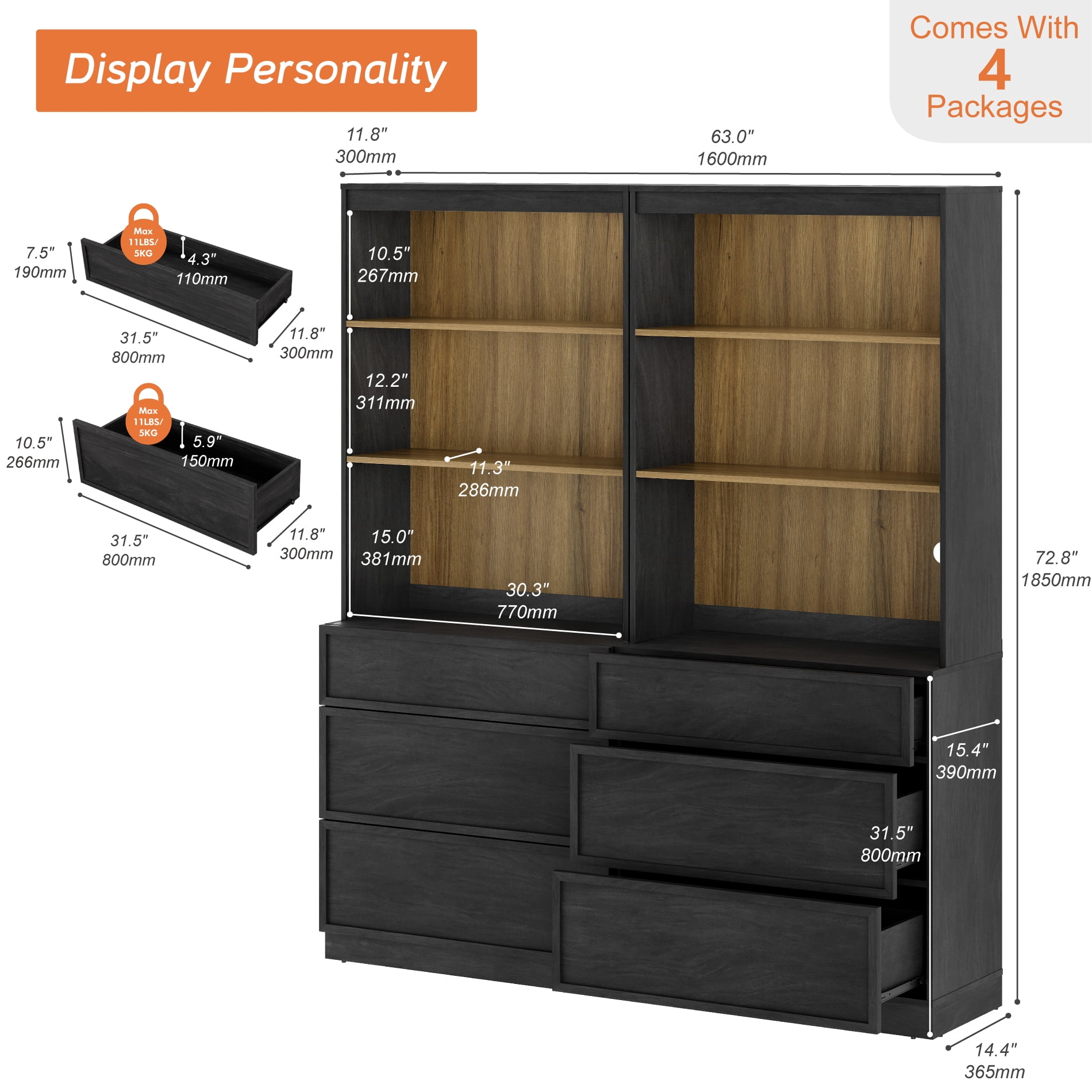Modern 72" Tall 63" Wide Wood Sideboard Buffet with 6 Drawers & Open Shelves for Dining Kitchen,Black