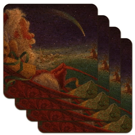 

Christmas Holiday Santa Claus Night Sleigh Ride Low Profile Novelty Cork Coaster Set
