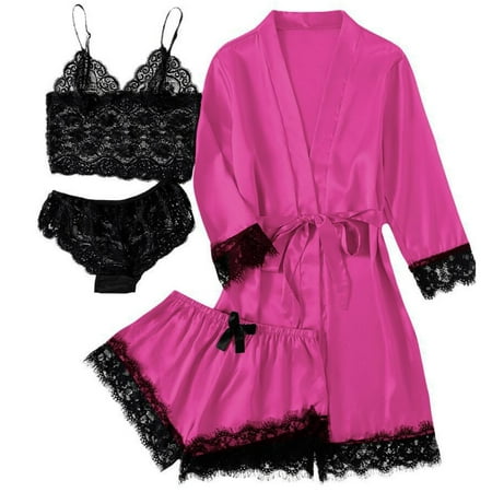 SwiftWear Hot Pink Silk Satin Pajama Set 4pcs Sleepwear Pajamas for Women Set Floral Lace Cami Panty Shorts Set with Robe   S