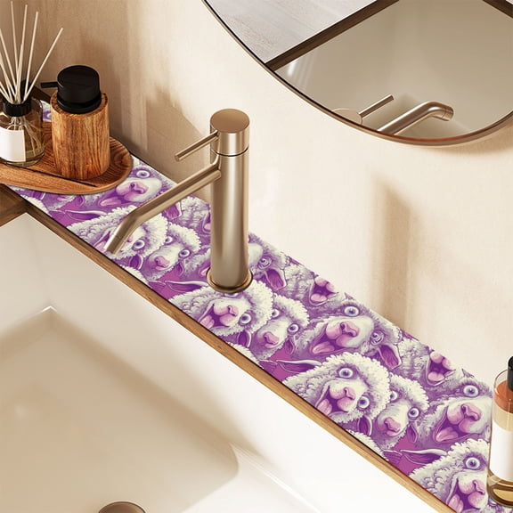 Faucet Mat for Kitchen Sink 30'' Sink Splash Guard Mat Super Absorbent Fast Drying Drain Pad Cartoon Funny Sheep 2 Pack