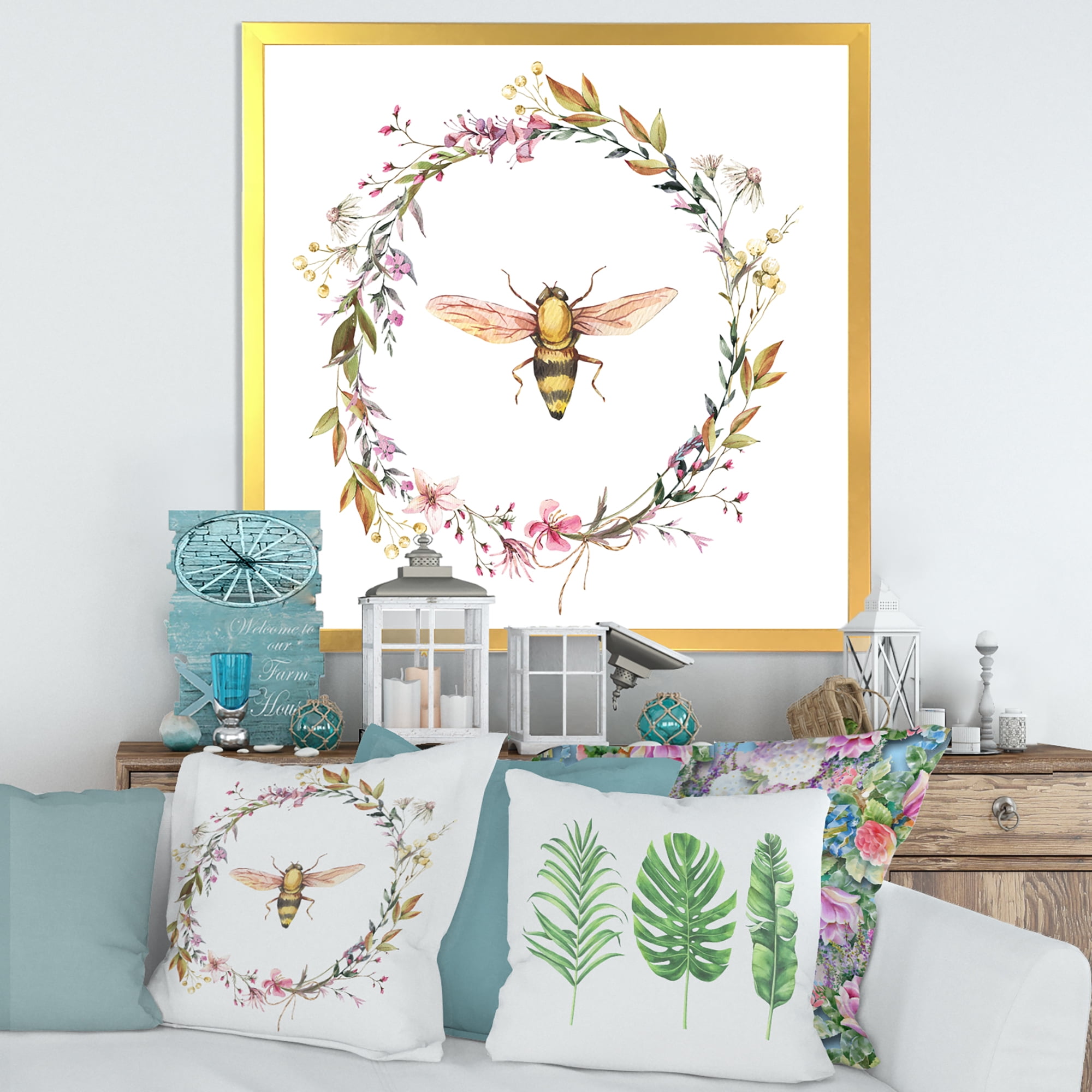 Designart 'Wildflowers Wreath and A Bee' Farmhouse Framed Art Print
