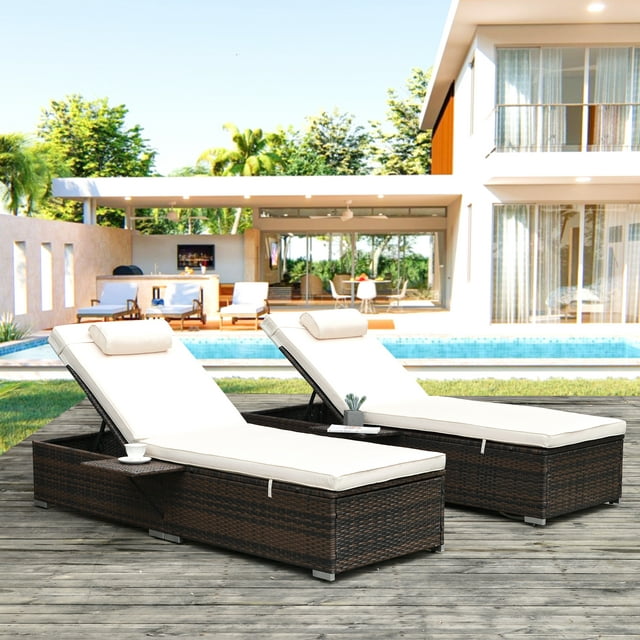 Outdoor Patio Reclining Chairs Clearance, 2 PCS Wicker Patio Chaise Lounge Set, Outdoor Rattan Lounge Chair with Cushion, Side Table&Head Pillow, Adjustable Recliners for Pool Backyard, Brown, J2470