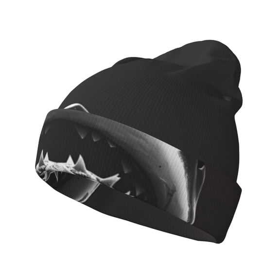 Lsque Black And White Shark Pattern Knitted Beanie, Unisex Winter Hat, Knit Hat Winter Beanies Thick Fisherman Beanies Cuffed Plain Skull Caps