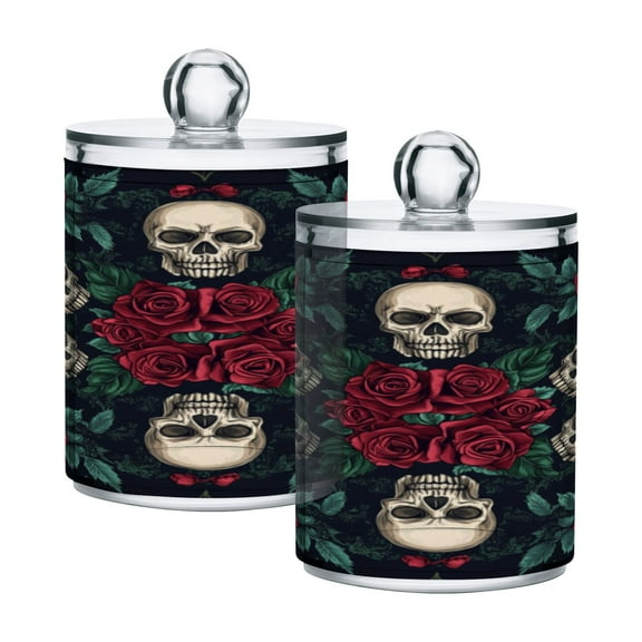 WOBOGO Skull Red Rose Darkpattern Transparent Plastic Jar 2pcs Cotton Swabs Balls Pads Floss Stick Dispenser Bathroom Vanity Storage Organizer