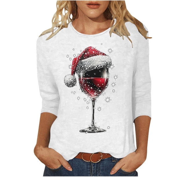 Camisetas de Manga Larga de las Mujeres Impresión de Navidad Cuello Redondo 3/4 Manga Suéter Superior, Moda Informal para Fiesta de Vacaciones Y Uso Diario