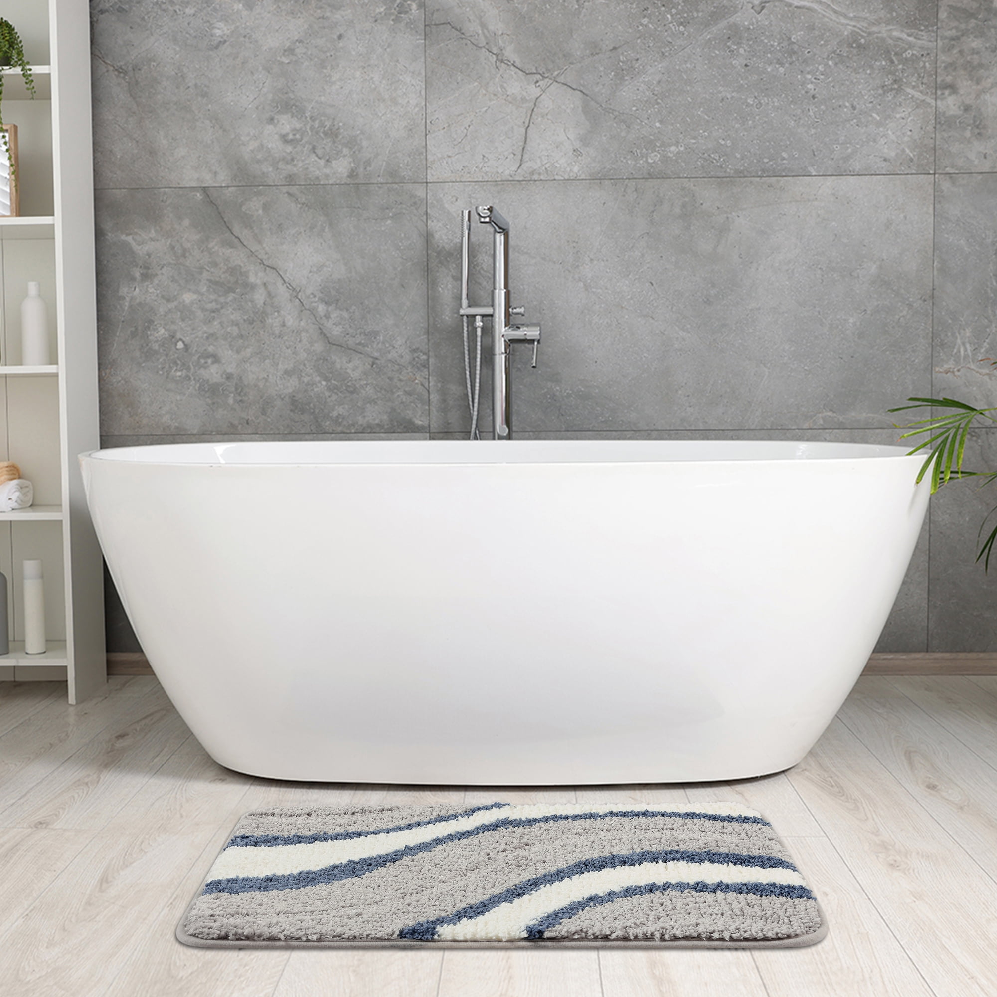 Unique Bargains Wavy Stripes Bathroom Rug Mat Absorbent Bath Rugs Non-Slip Multicolor 16" x 24"