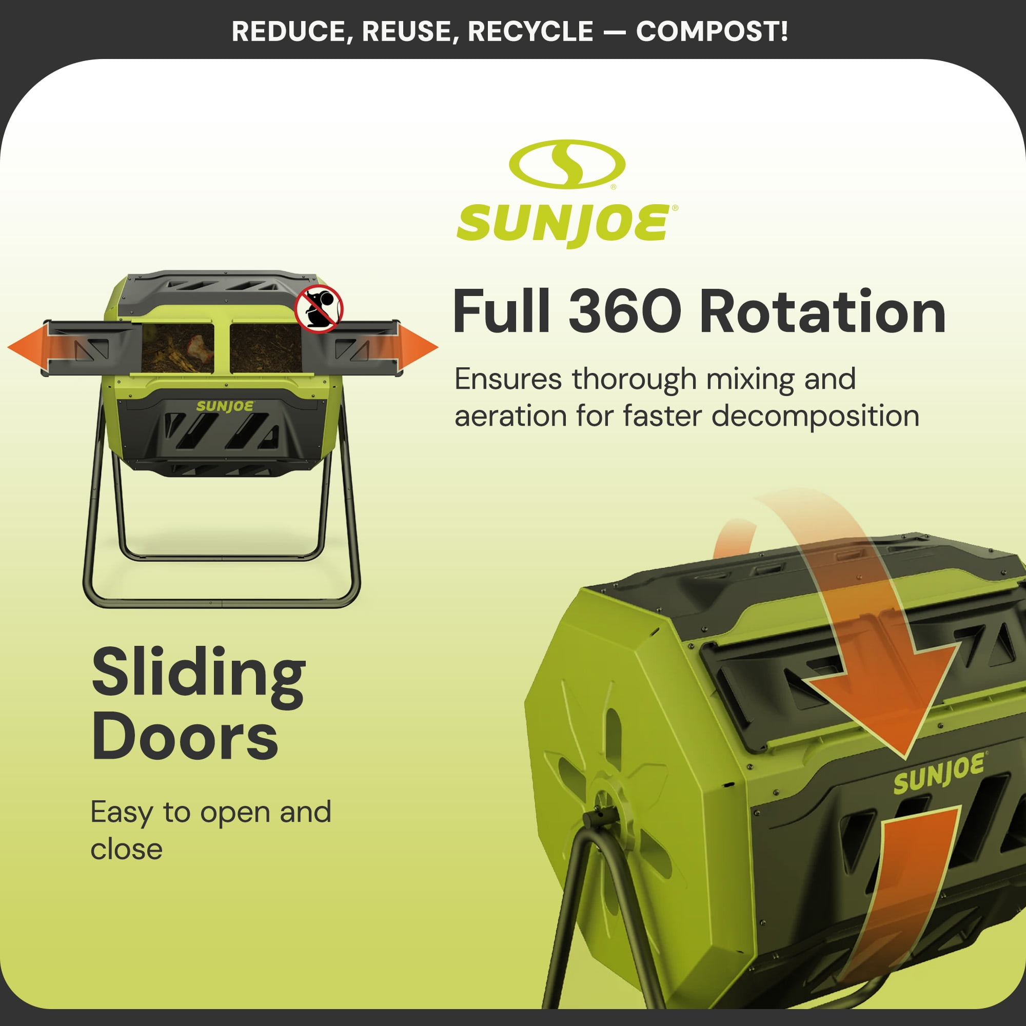 Sun Joe Outdoor Tumbling Composter, Dual Chamber, 2-10 Weeks Compost, 42 Gallon, SJ-CMPS1