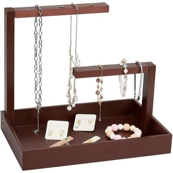 Wood Jewelry Display Stands Rectangle Jewelry Organizer Holder Coffee Necklace Hanging Organizer Rack with Tray for Bracelets Watches Earrings Rings DIY