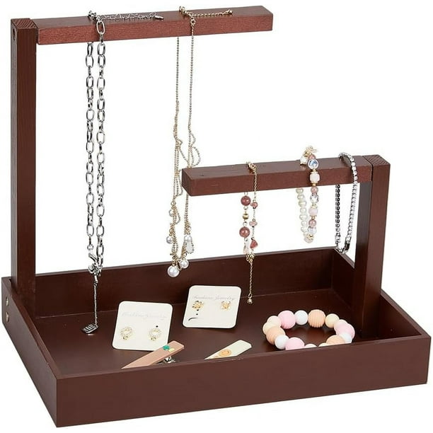 Exhibidor de joyería rectangular de madera, organizador de joyas, soporte para collares, estante colgante con bandeja para pulseras, relojes, aretes y anillos.
