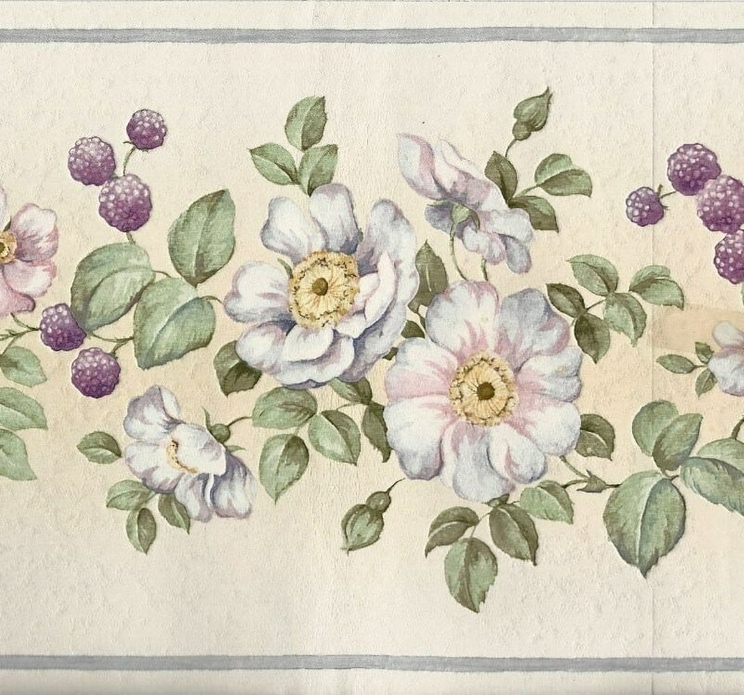 Prepasted Wallpaper Border - Floral Beige, Purple, Pink, Green Flowers ...