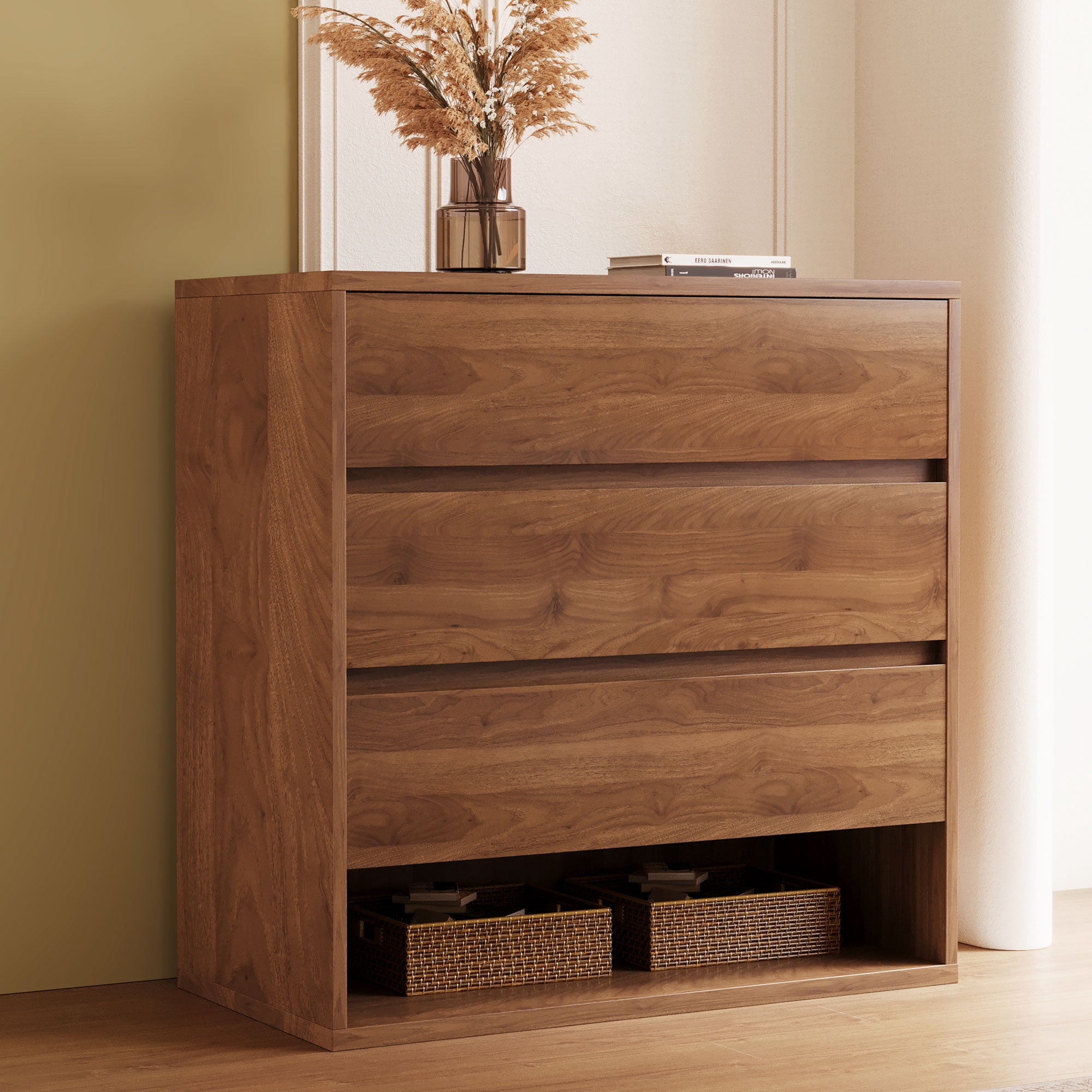 NessCarsti Natural Wood Three - Drawer Storage Cabinet with Shelves, Walnut Brown, 29.52"