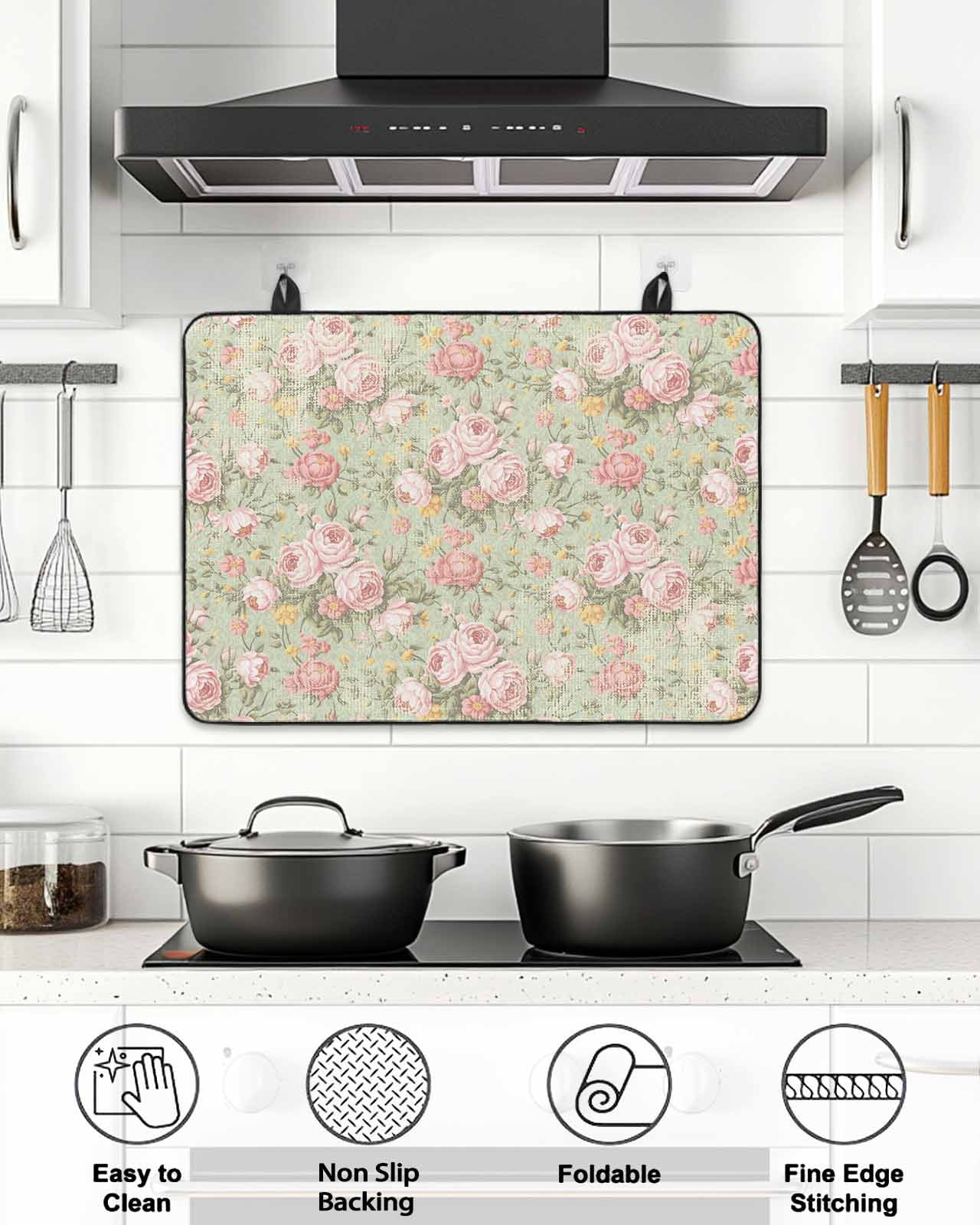 Stove Top Covers for Electric Stove, Pink Flowers Glass Stovetop Cover Protector, Green Country Botanical Floral Leaves Induction Cooktop Protector Oven Mat for Kitchen Countertop 24"x21"