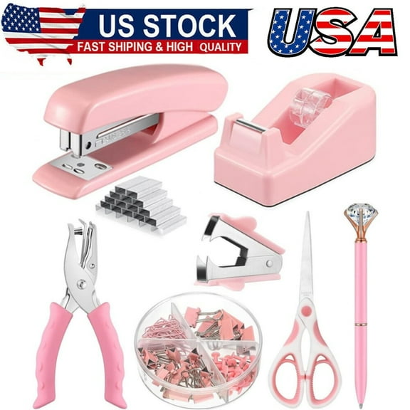 Pink Desk Office Supplies Kit for Women, Pink Desktop Stapler, Tape Dispenser