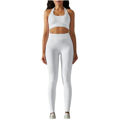 Abomasnow Workout Sets for Women 2 Piece Seamless Gym Athletic Yoga Outfits Halter Neck Backless Sports Bra High Waist Butt Lifter Leggings