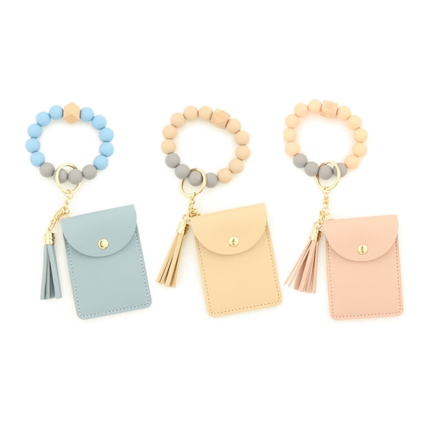 Llavero de muñeca para mujer, pulsera, billetera, cuentas de silicona, llavero de coche con pulsera de borla MFZFUKR BST3061085-2