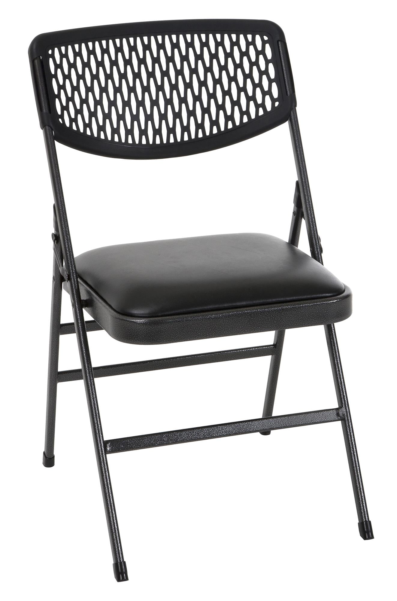 Cosco Commercial Vinyl Padded Seat Folding Chair With Resin Mesh Back Black Hammertone Frame 4 Pack