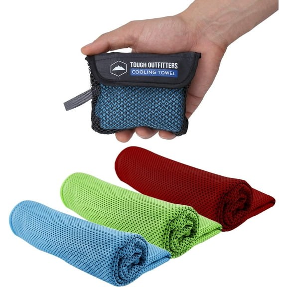 Tough Outdoors Cooling Towels - 3 Pack Set, Light Blue/Green/Red, 10 x 10 inch, Evapocool Performance Fabric
